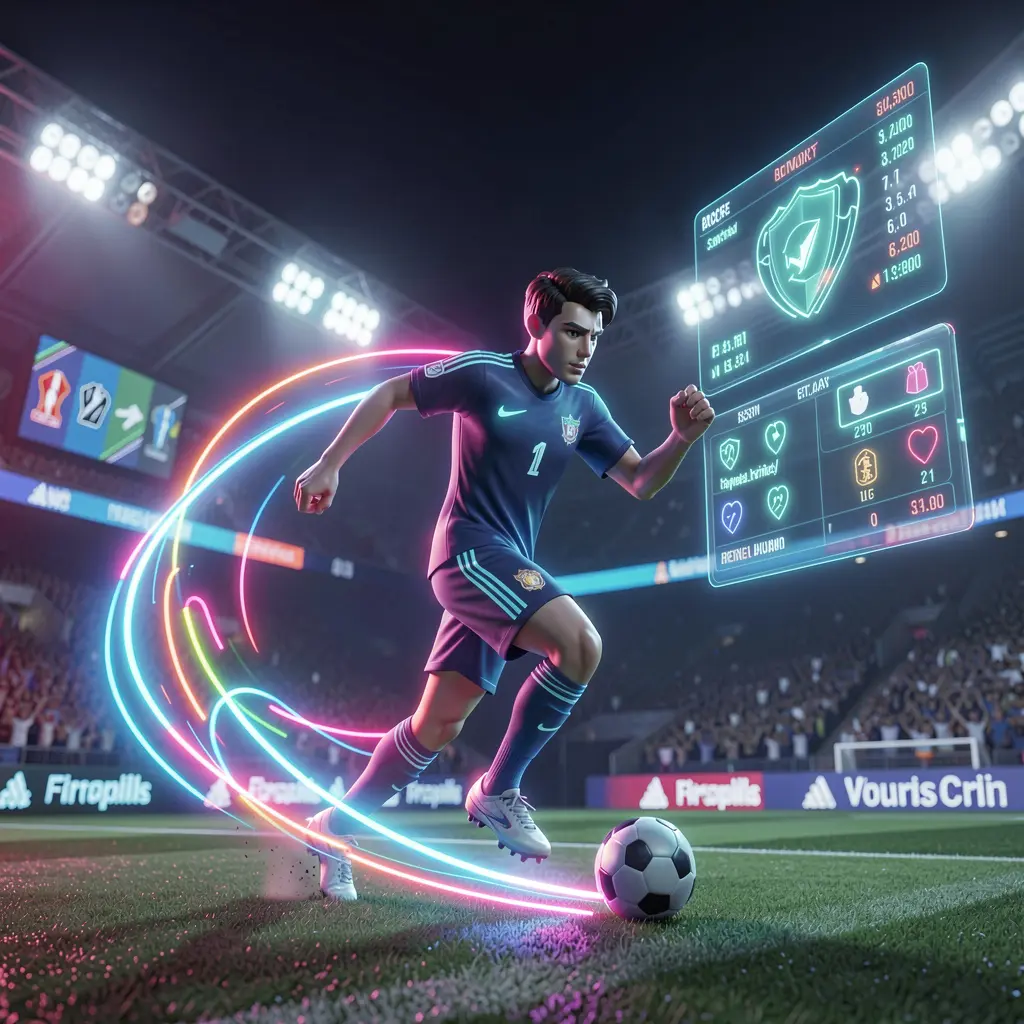 REMI63 Bet – Place smart and fast soccer bets with advanced tools Dynamic neon soccer player surrounded by floating digital icons and a stadium atmosphere representing advanced sports betting on REMI63 in Indonesia