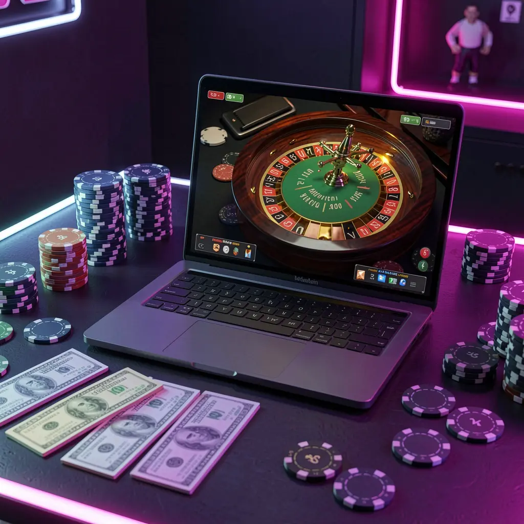 REMI63 – Enjoy immersive online casino gameplay anytime in Indonesia Stylish online casino scene with a laptop displaying live roulette and colorful chips on a dark table highlighting the immersive REMI63 casino experience for Indonesia