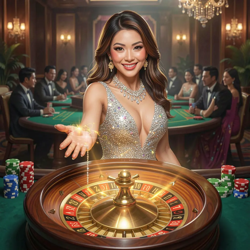 REMI63 Login – Enter the world of live casino entertainment in Indonesia Elegant live casino hostess surrounded by glowing chips and a roulette wheel inviting players to log in to REMI63 in Indonesia